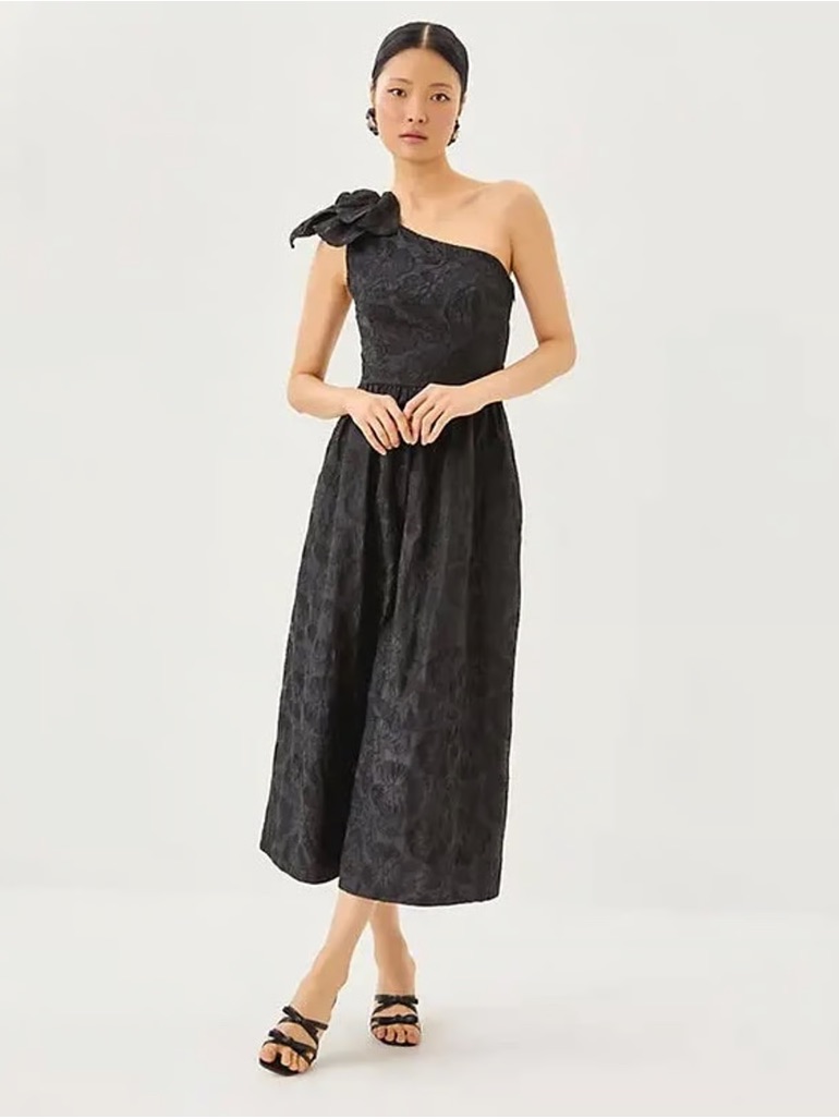 Lilly Pulitzer Lynsi One-Shoulder Midi Dress In Noir Sunset Bloom Sz 14